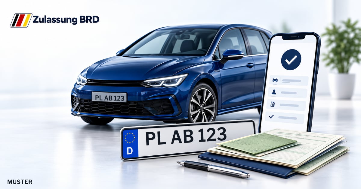 Online Fahrzeugzulassung in Plauen: Musterkennzeichen PL AB 123, Auto und Fahrzeugpapiere und Smartphone. Illustration mit Logo von Zulassung BRD.